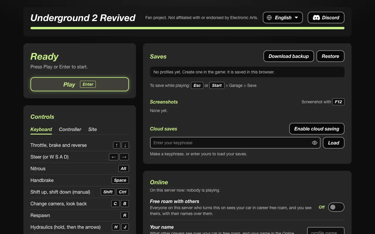 Start page of the nfsu2.xyz browser project, with Play, Saves and Online